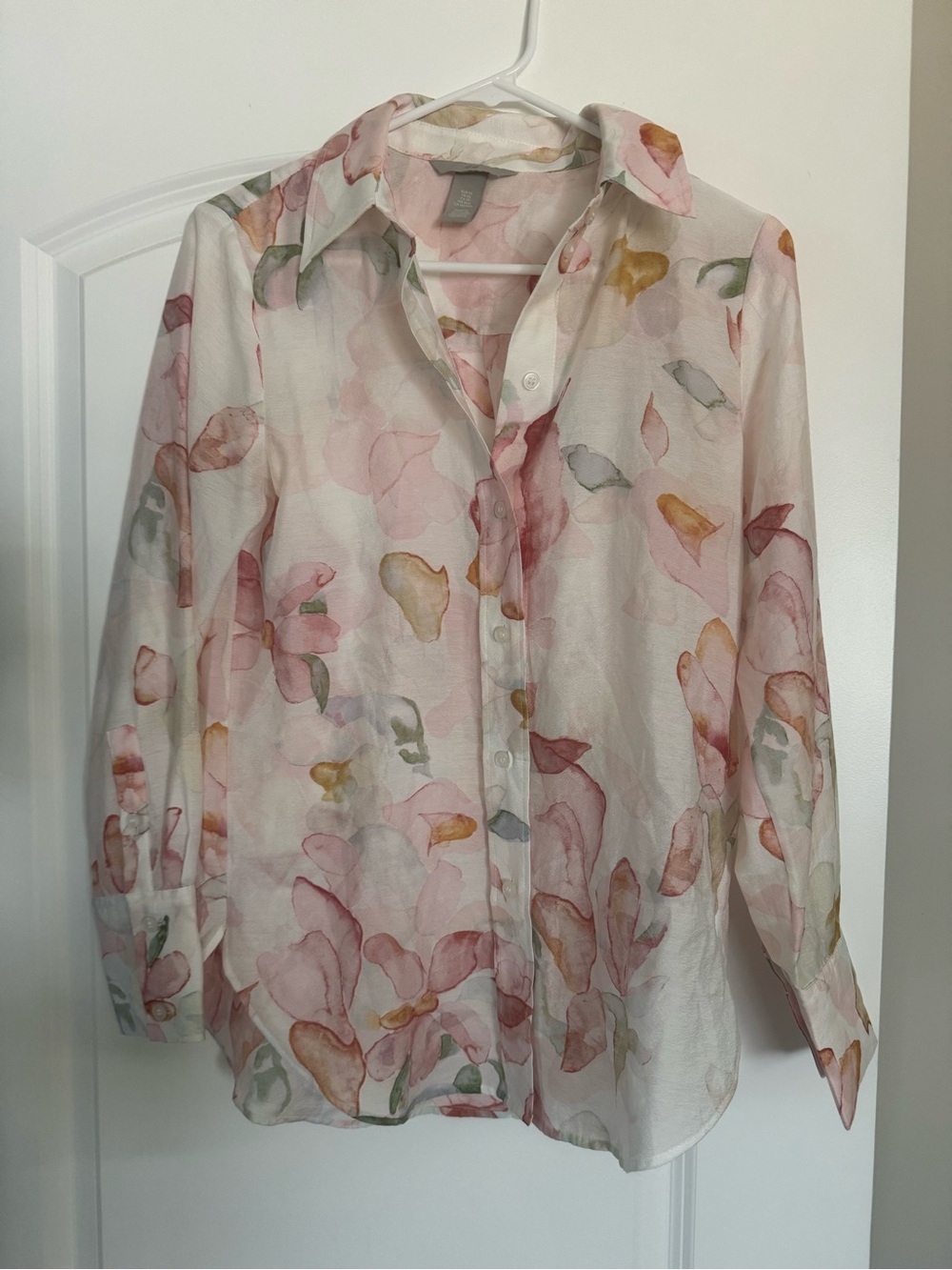 Lightweight Floral Semi-Sheer Button-Up Blouse - Pink Multi